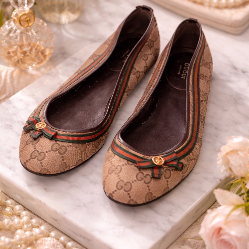 Gucci Brown Ballet Flats with Signature Web Stripe Size 40.5 Festive Holiday